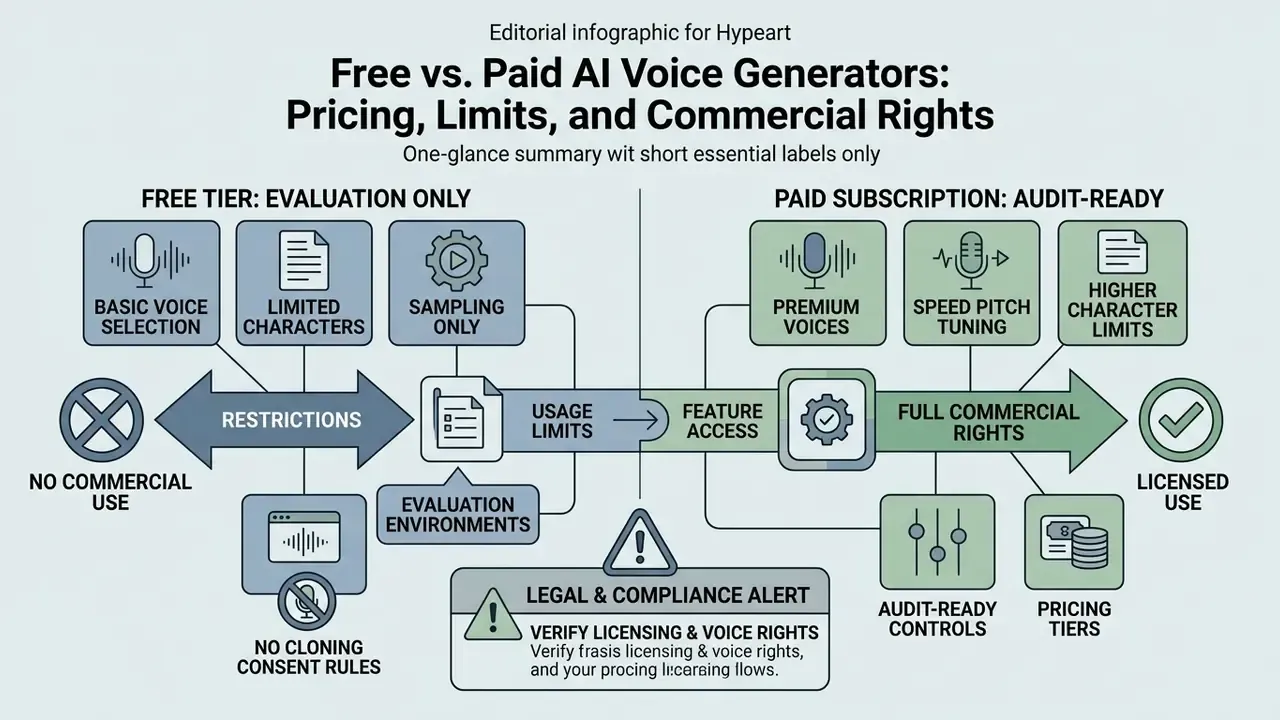 Comparison chart contrasting free evaluation tiers with paid subscription features and commercial rights