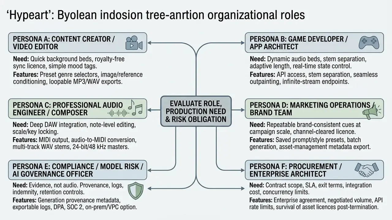 Flowchart mapping production needs and feature sets for six distinct professional user personas