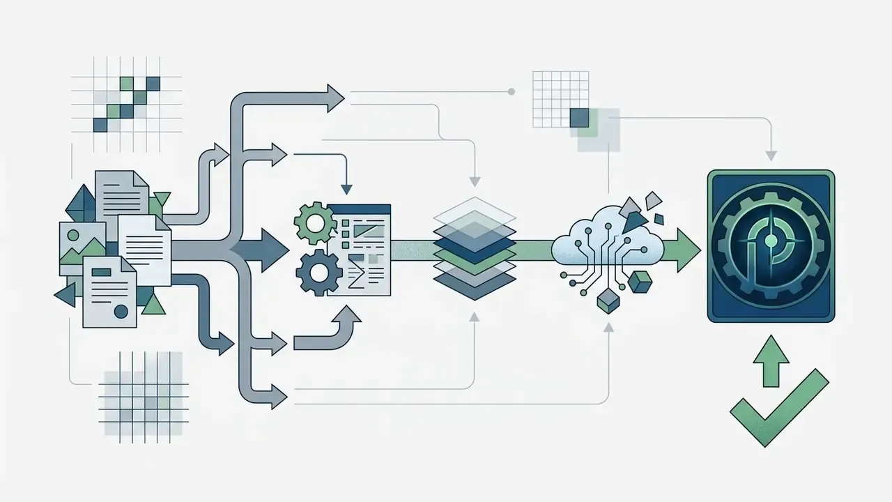 Graphic assets and documents flowing into layered editing tools and cloud processing to a final app icon