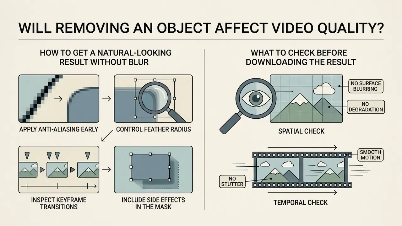 Summary of techniques to maintain video quality when removing objects using anti-aliasing and checks
