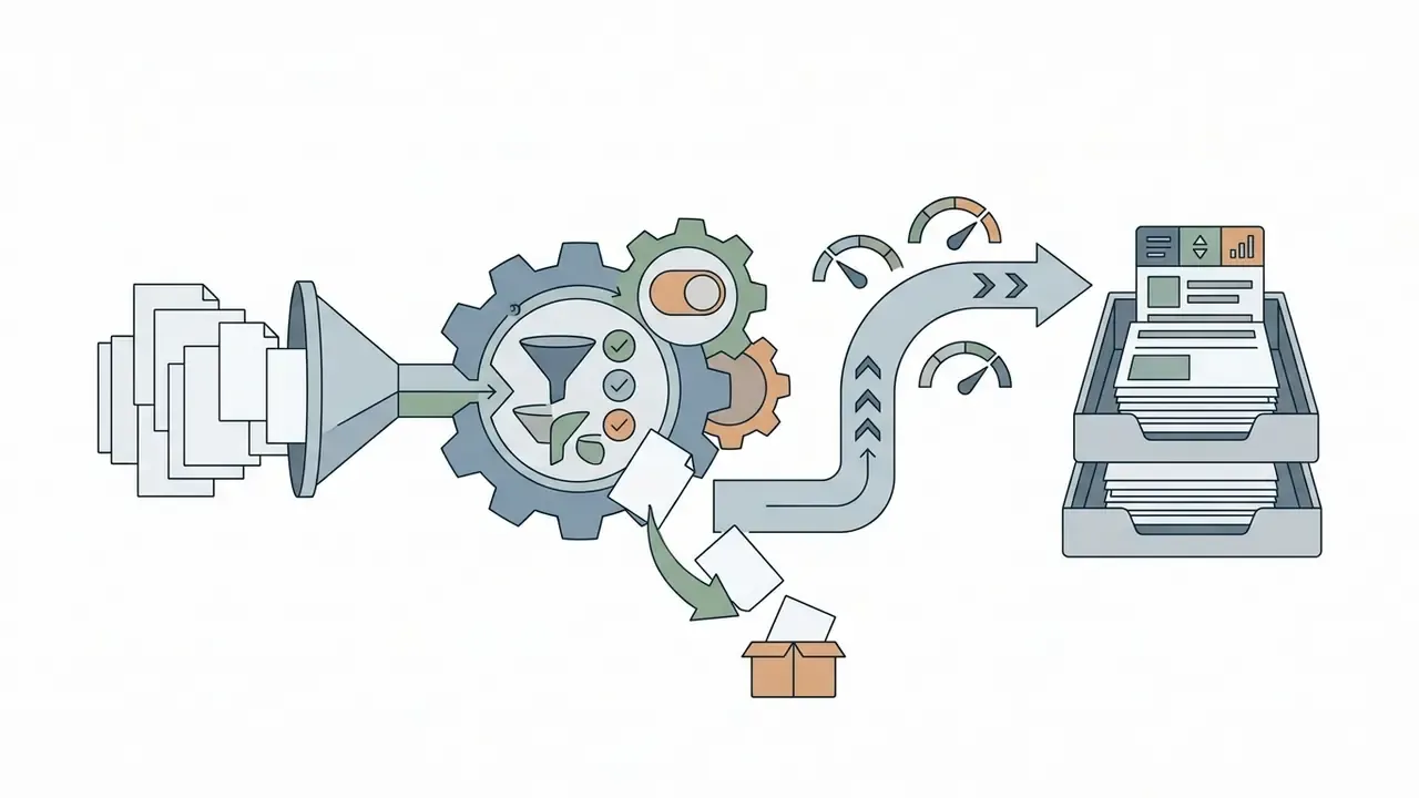 Stack of papers entering a funnel and gear mechanism that sorts files into gauges and organized trays