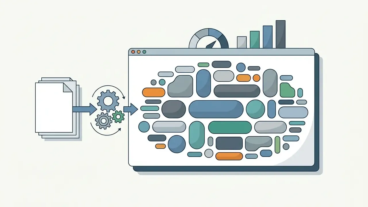Documents feeding through gears into a window displaying a collection of colorful geometric shapes