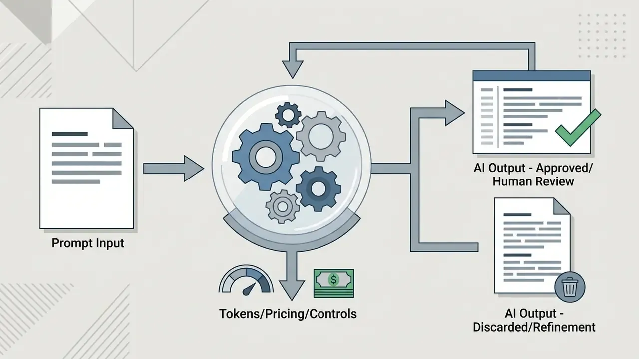 Central gear mechanism processing prompt inputs into approved content or discarded refinement outputs