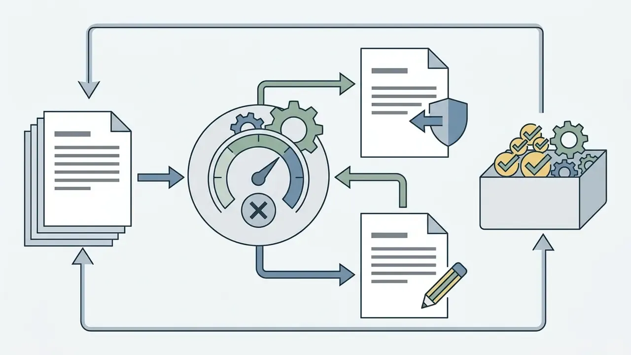 Diagram showing documents processed through a gauge for risk assessment, correction, and final validation
