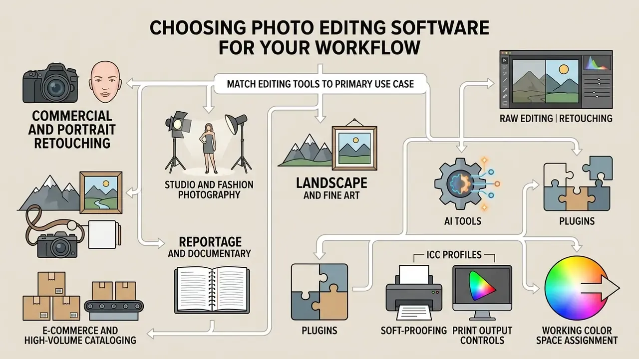 Diagram mapping photography use cases to technical requirements like color spaces and print output