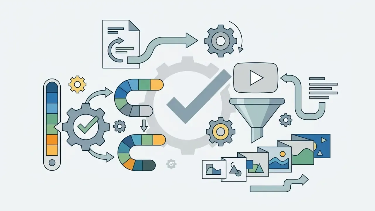 Color palette and gear icons connecting to a funnel and image sequence for automated video editing