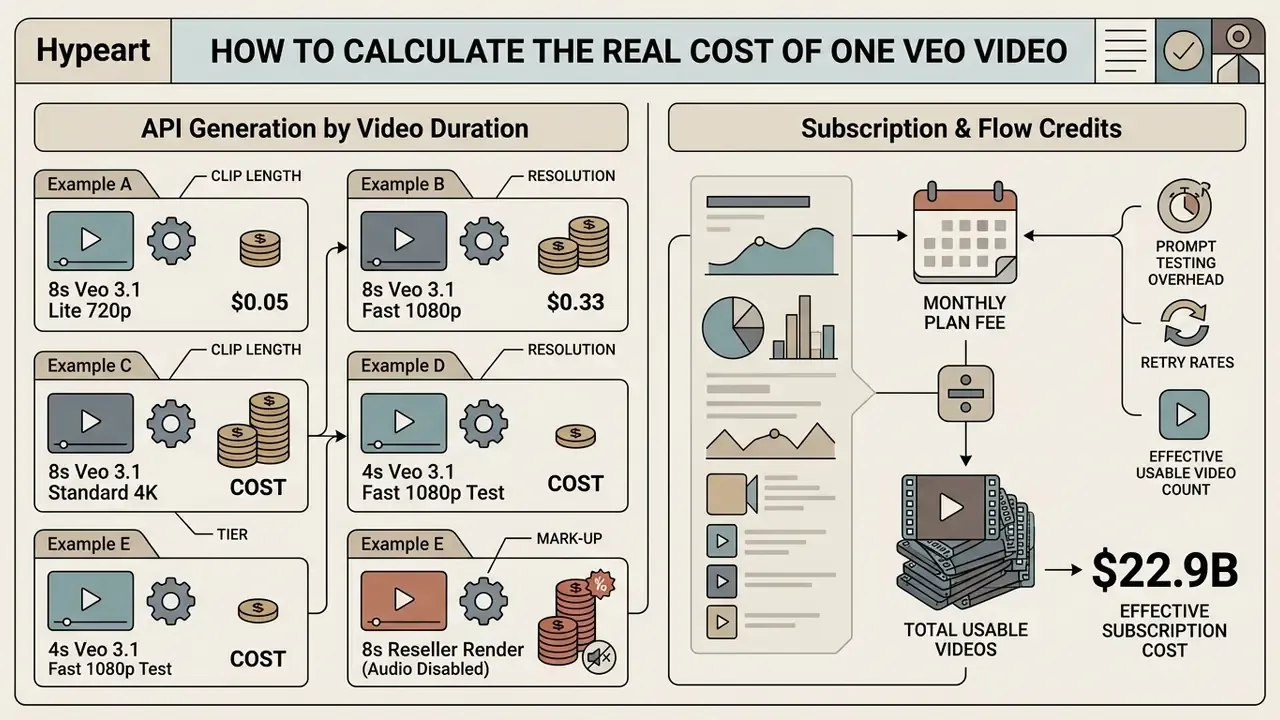Infographic breaking down Google Veo video costs by duration, subscription fees, and testing overhead