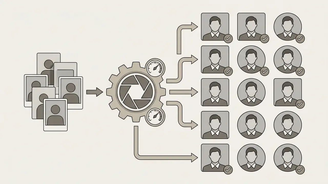 Process showing casual photos fed into a gear-shaped processor to generate standardized headshots