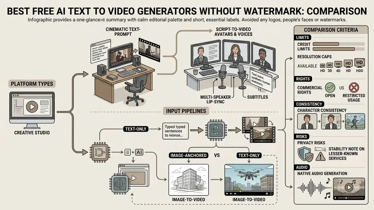 Infographic comparing AI video generation pipelines including text to video ai free without watermark