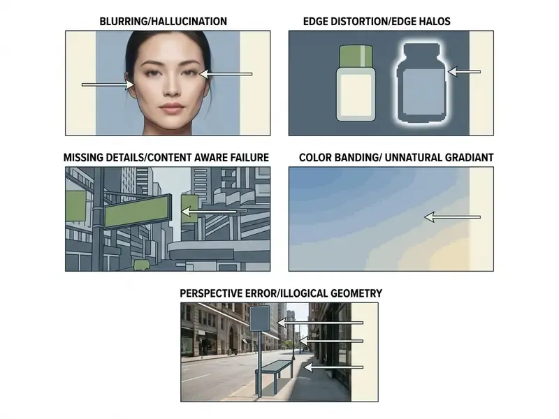 Grid of five panels highlighting common visual artifacts like blurring, edge halos, and perspective errors