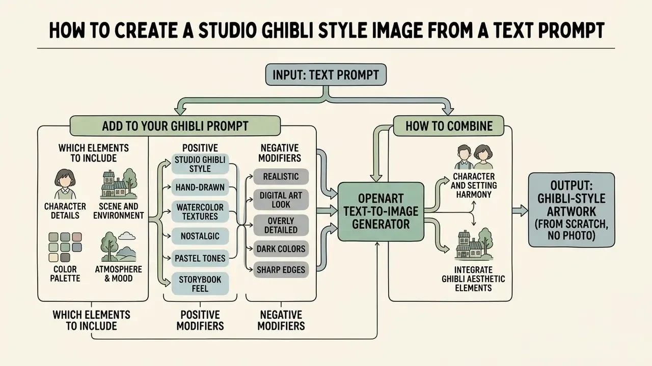 Flowchart detailing how to use OpenArt text prompts to generate Ghibli-style artwork from scratch