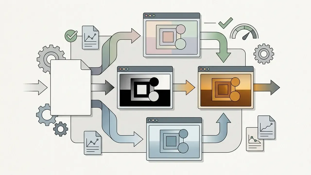 File icon feeding into browser windows that apply different color and tone filters to an image