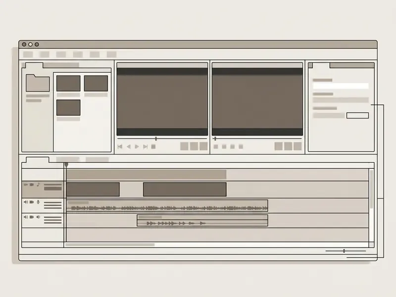 Annotated VideoPad Video Editor interface showing the media library, dual preview windows, and timeline