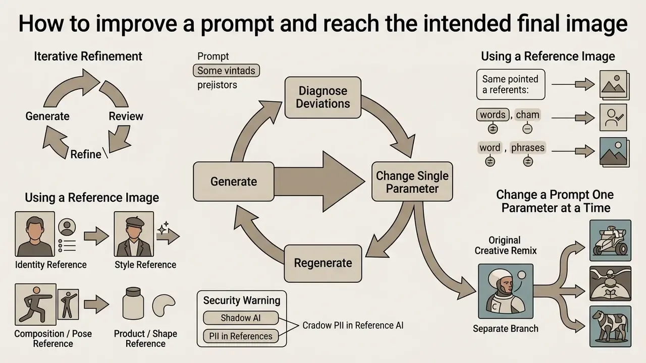 Circular workflow diagram showing iterative refinement steps and methods for using reference images