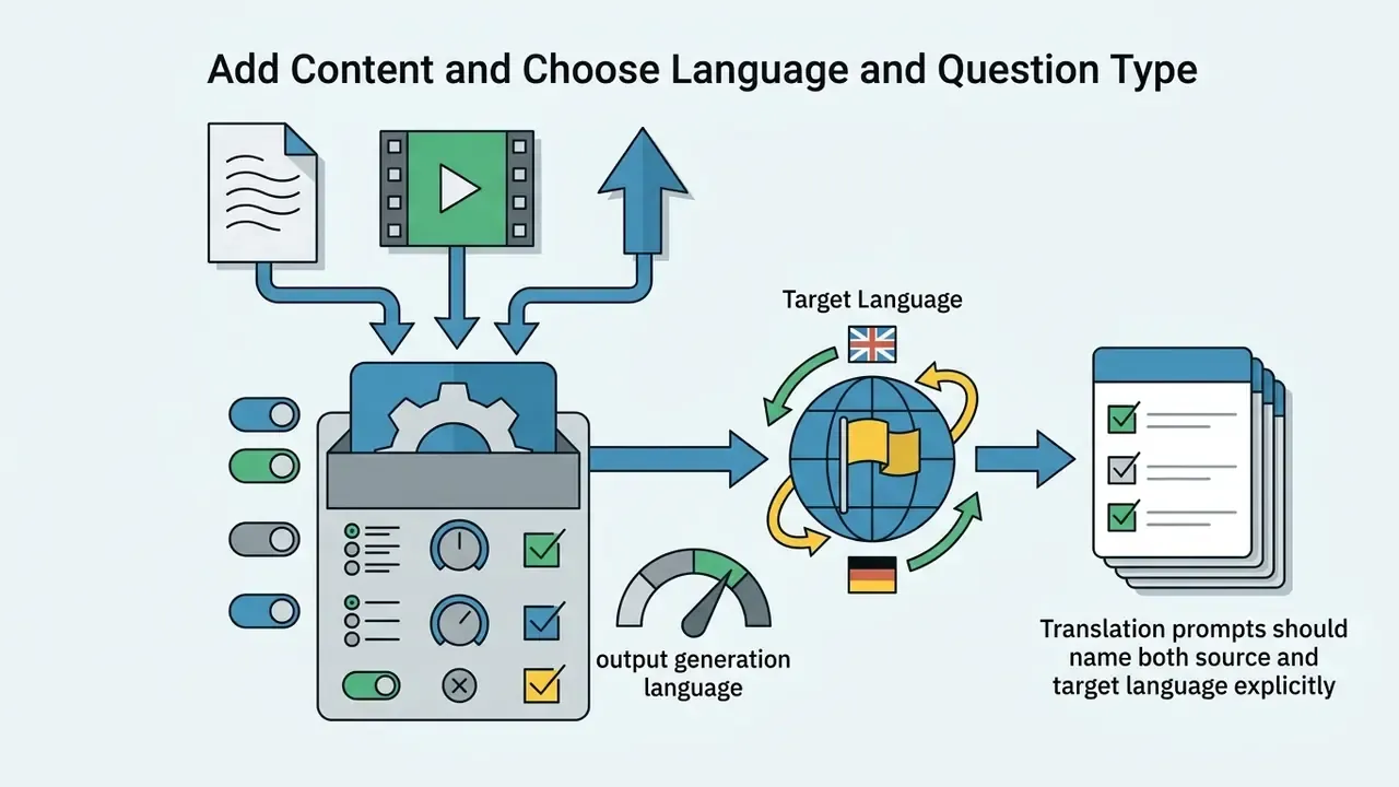 Diagram showing content input, language selection, and question type configuration for an AI question generator