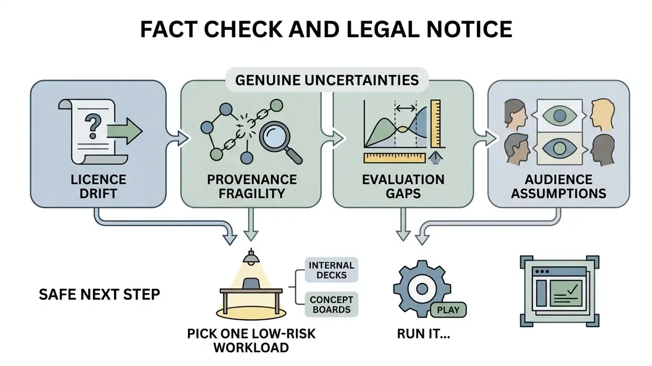 Diagram outlining uncertainties in AI generation and a safe next step for low-risk visual workloads