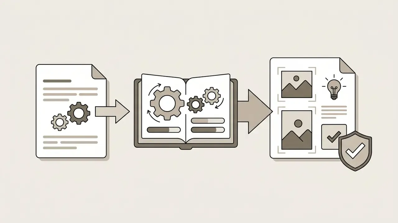 Document text and gears flowing into a central book mechanism to produce branded marketing assets