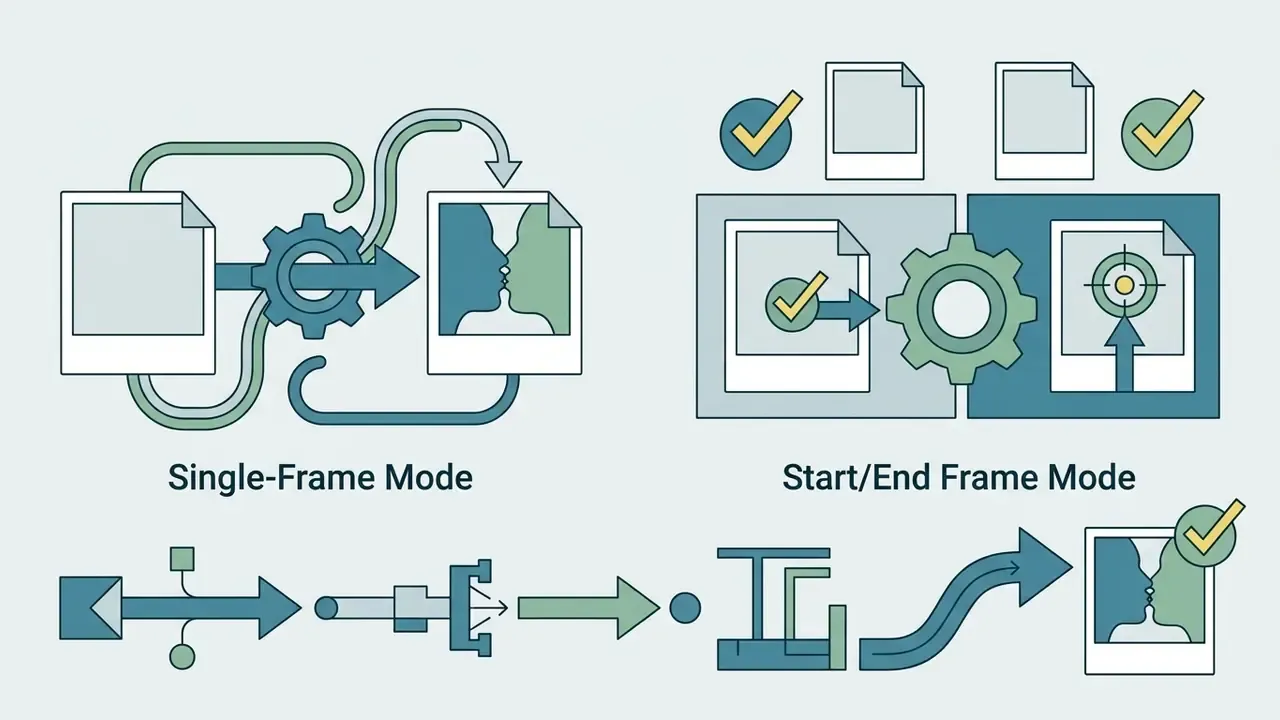 Icons comparing single-frame and start-end frame processing modes for generating animated video clips