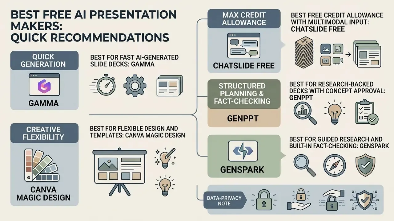 Infographic mapping top AI presentation tools by their primary functional strengths and user benefits