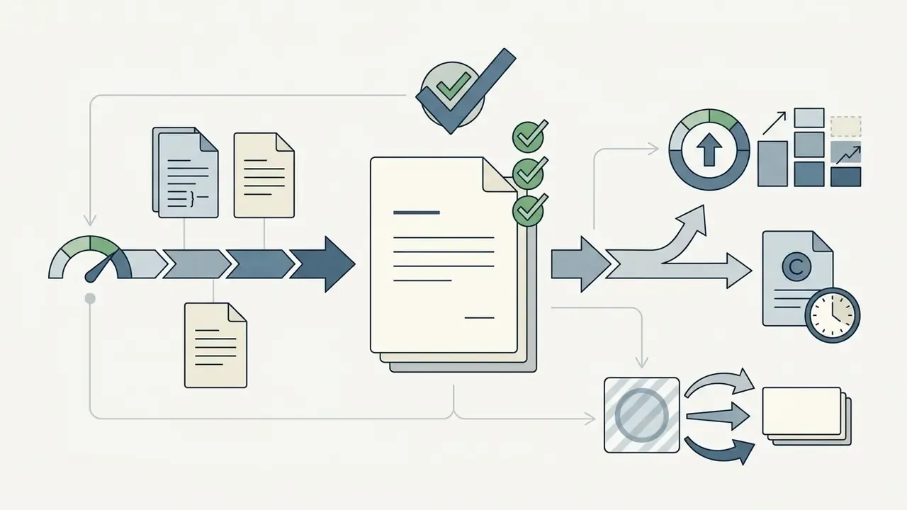 Flowchart showing documents being processed into licensing status reports and output data sets