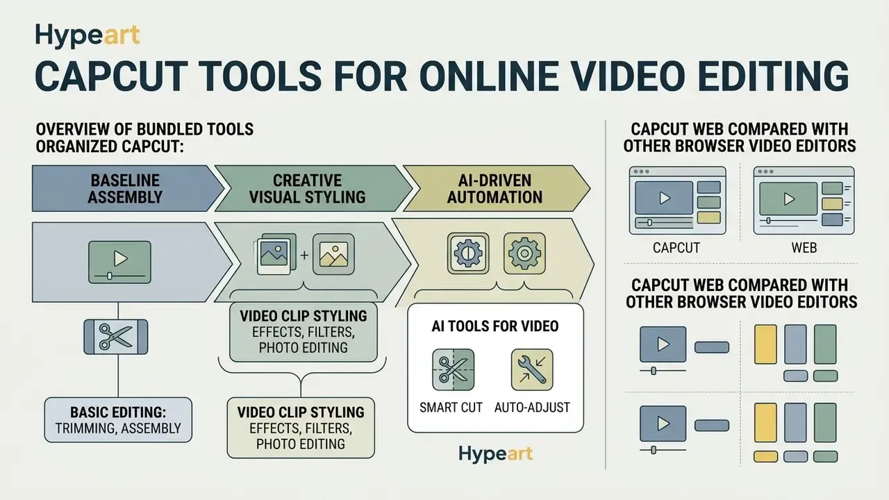 Flowchart detailing video assembly, visual styling, and AI automation features with comparative icons