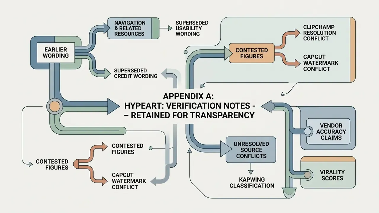 Diagram mapping verification notes regarding source conflicts and editorial claims for video editing tools