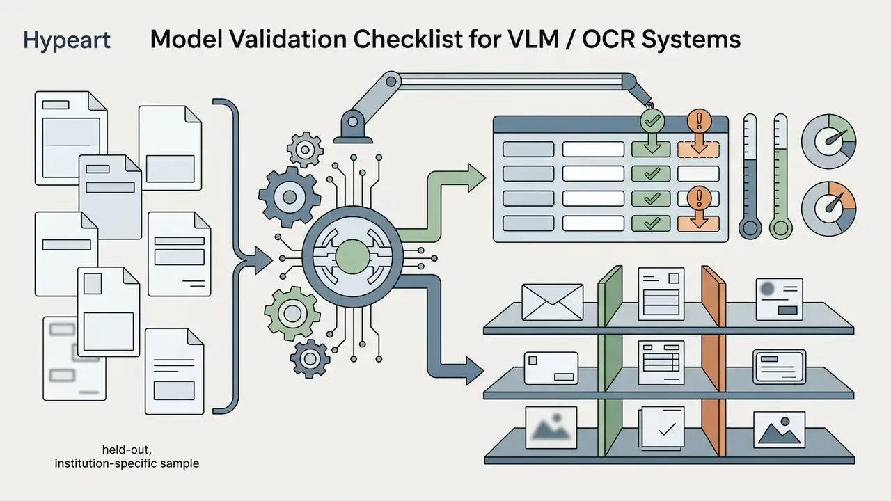 Mechanical arm sorting documents into a validation table and shelves based on quality and type metrics