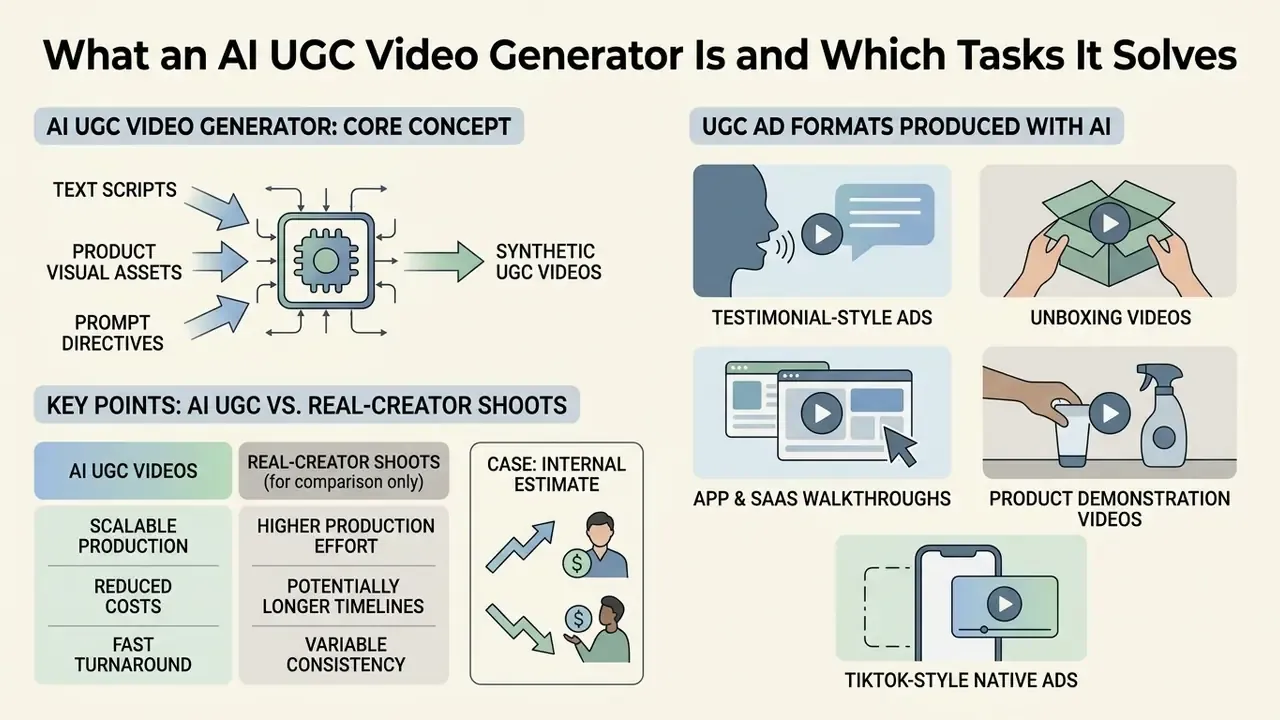 Diagram comparing AI video production to human shoots and listing various synthetic ad formats
