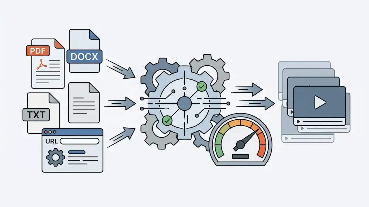 Document and URL icons feeding into a central processor with a speed gauge to generate video clips
