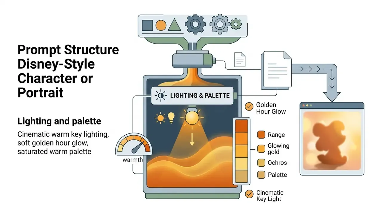 Mechanical processor combining lighting inputs and warm color swatches to render a glowing character portrait
