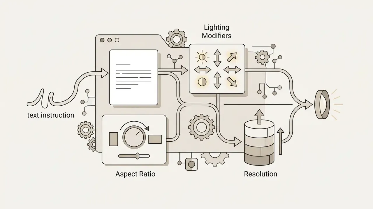 Software interface elements for text instructions, aspect ratio, lighting modifiers, and resolution