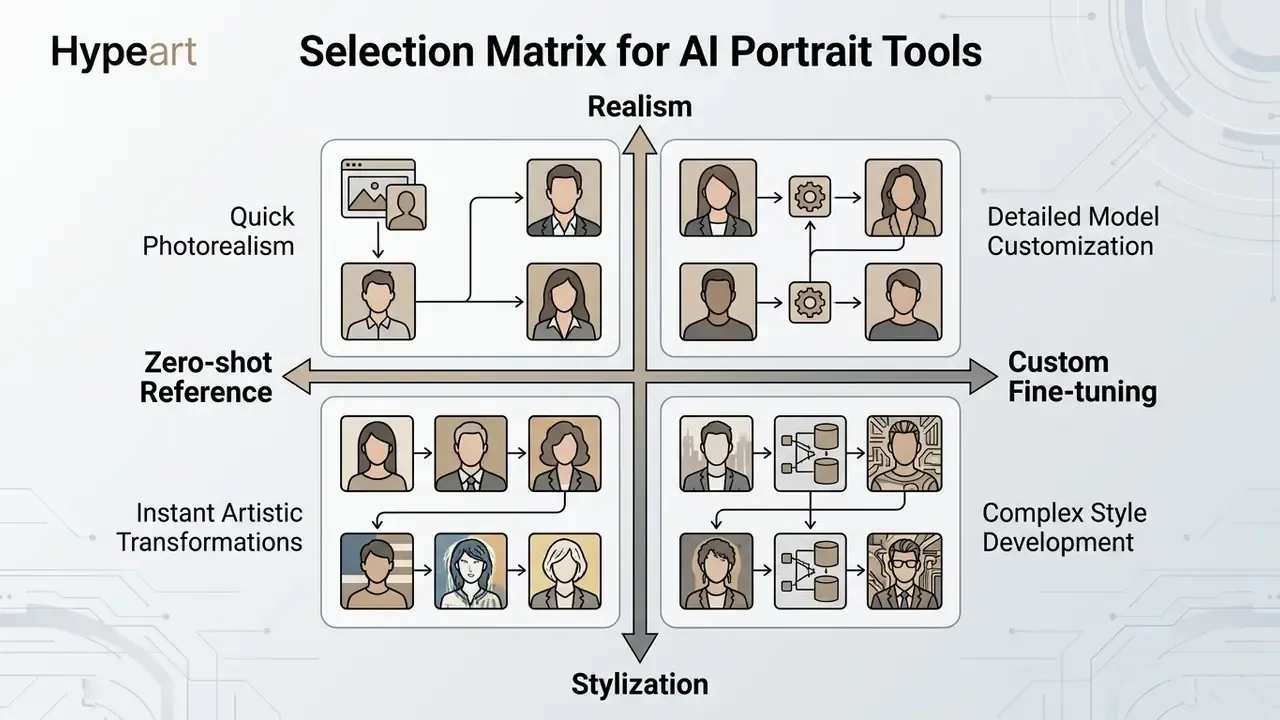Four-quadrant matrix mapping AI portrait tools by realism, stylization, reference, and customization