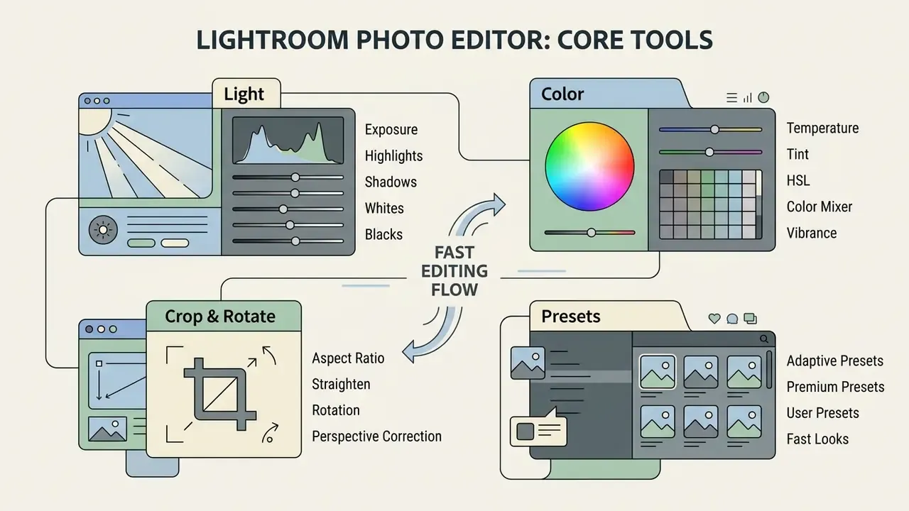 Visual breakdown of Adobe Lightroom tools for light, color, cropping, and preset adjustments