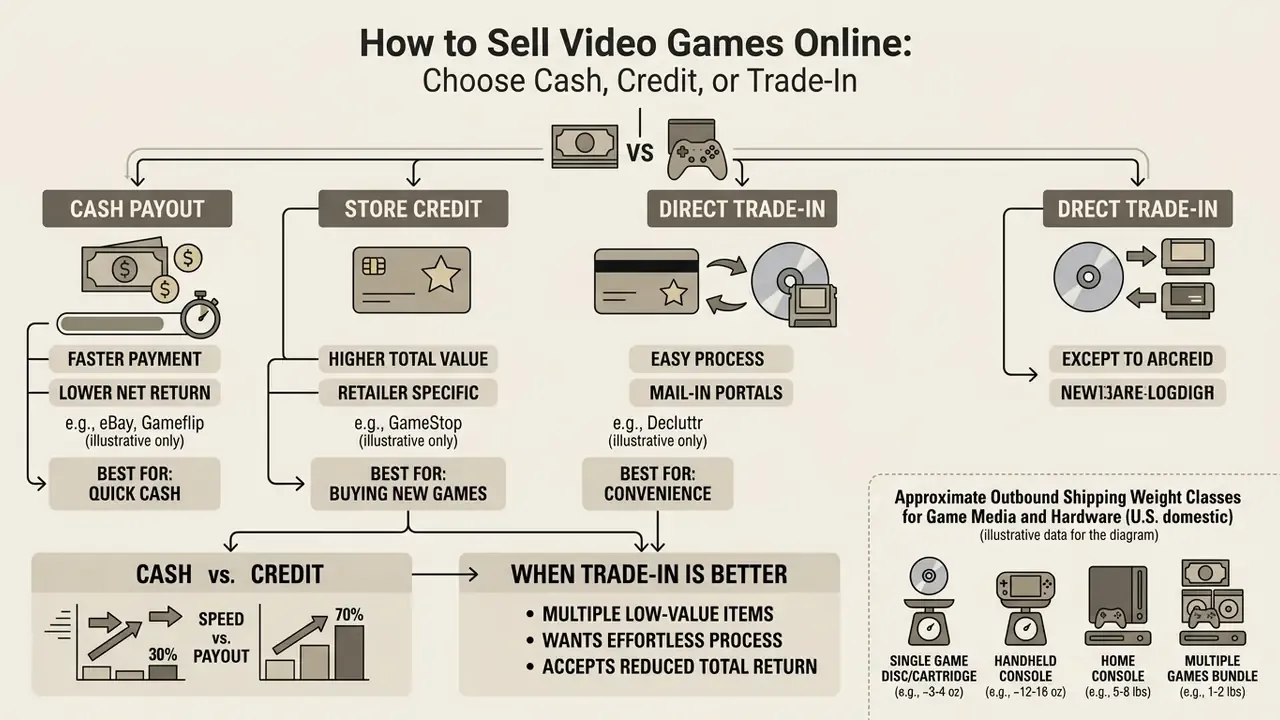 Flowchart comparing cash payouts, store credit, and direct trade-in options for selling video games