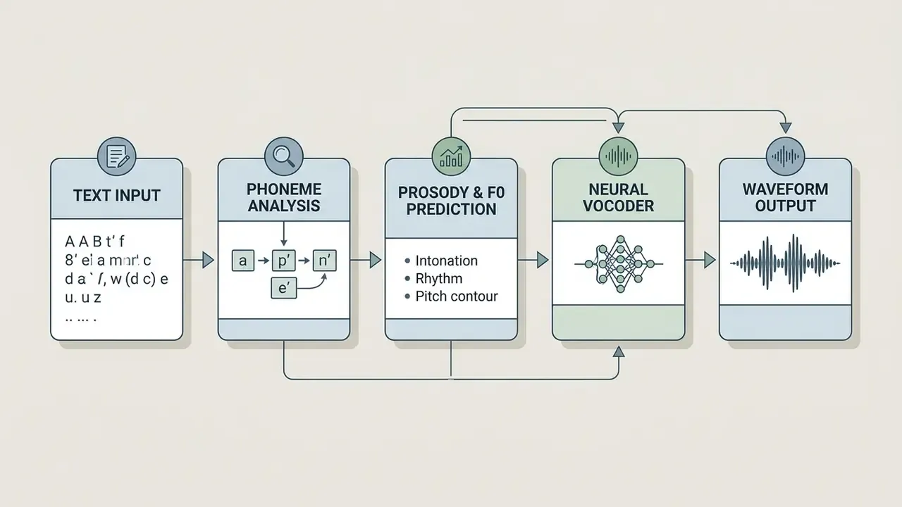 Flowchart showing the text to speech process from text input to phoneme analysis and waveform output