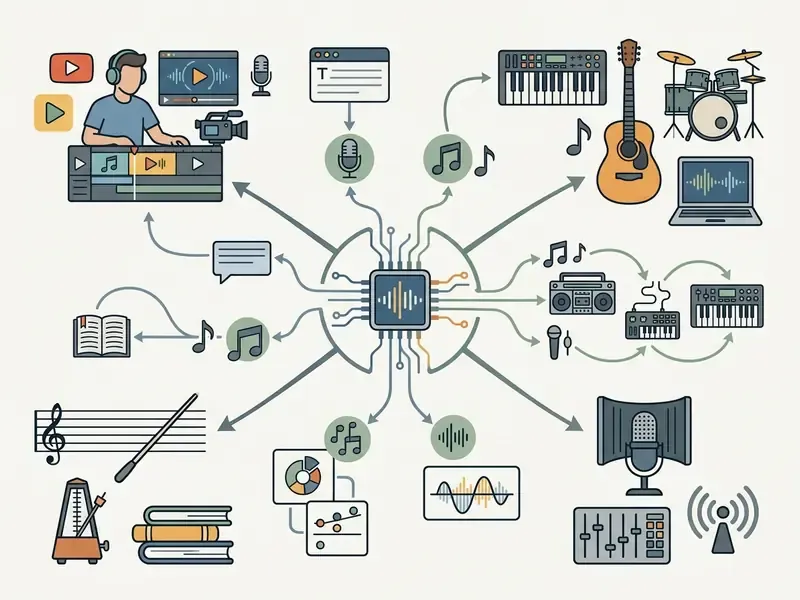 Mind map showing a central processor connecting diverse musical inputs and outputs for an AI song generator