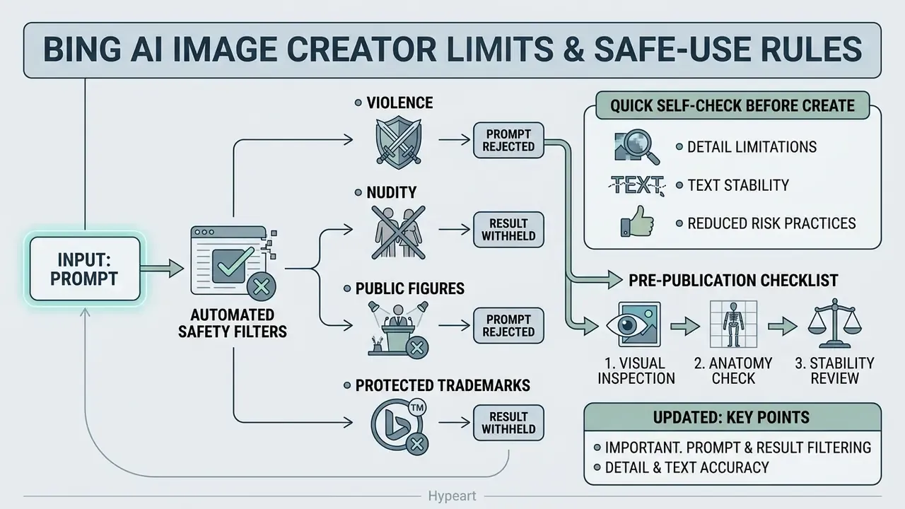 Flowchart illustrating automated safety filters, content restrictions, and pre-publication review steps