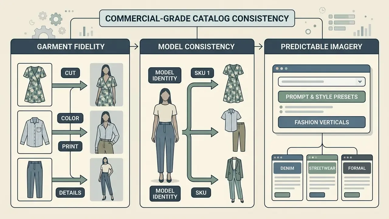 Diagram showing how to maintain garment fidelity, model consistency, and predictable imagery in AI fashion