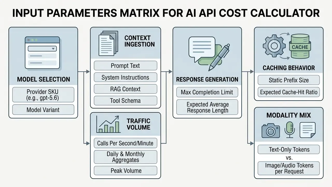 Flowchart displaying categories like model selection, context ingestion, and traffic volume for API costs