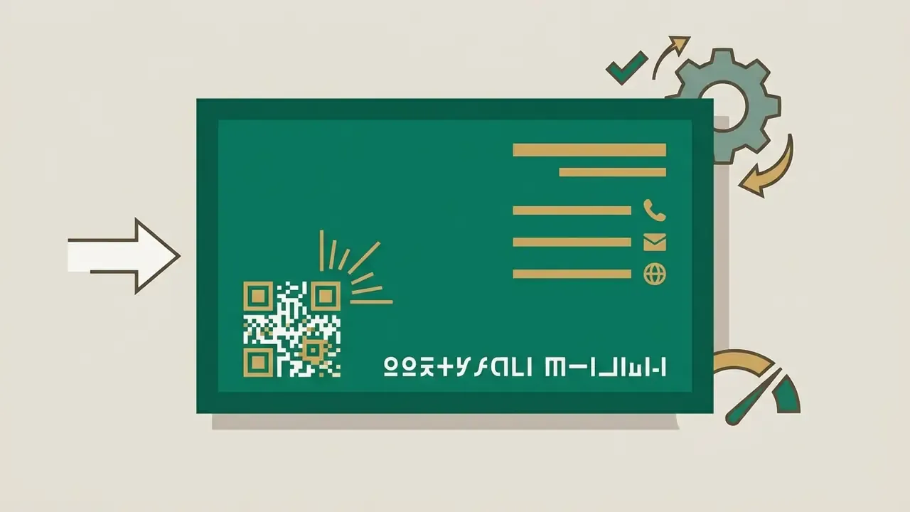 Emerald business card with gold contact details and QR code linked to gear and performance gauge icons