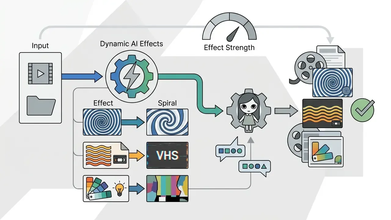 Flowchart showing video input processed through AI gear effects to produce stylized visual outputs