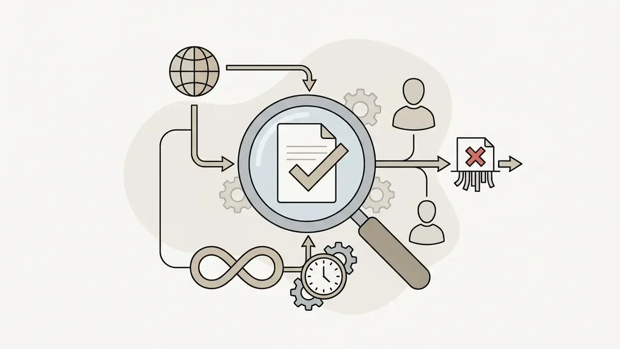 Magnifying glass inspecting a document with a checkmark alongside global, perpetual, and user icons