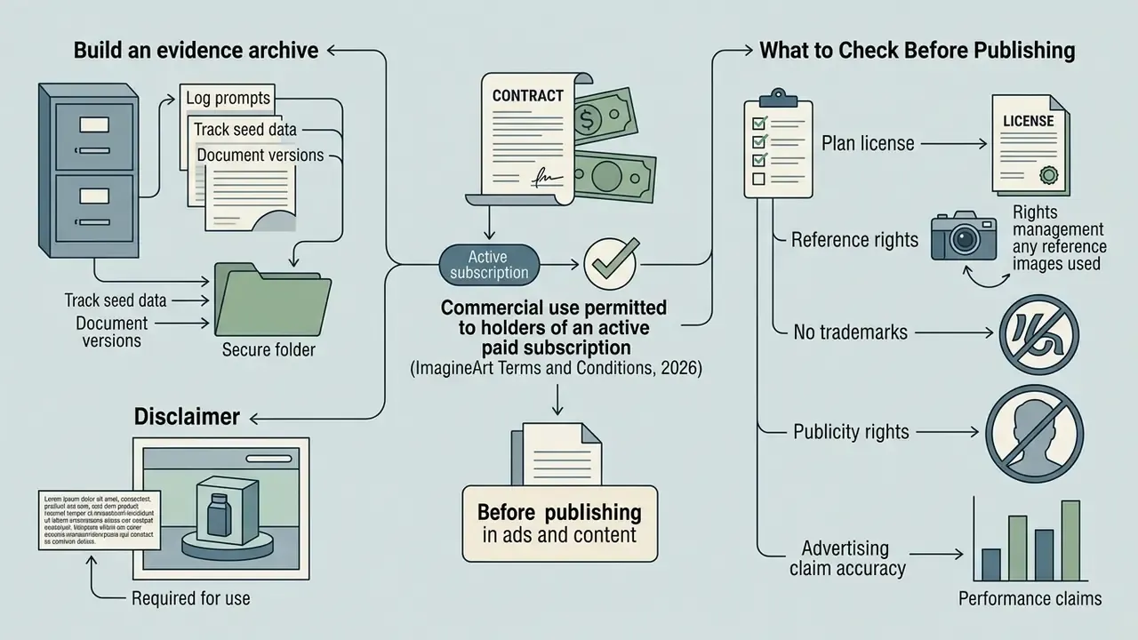 Infographic outlining legal requirements for commercial use of ImagineArt images through paid subscriptions