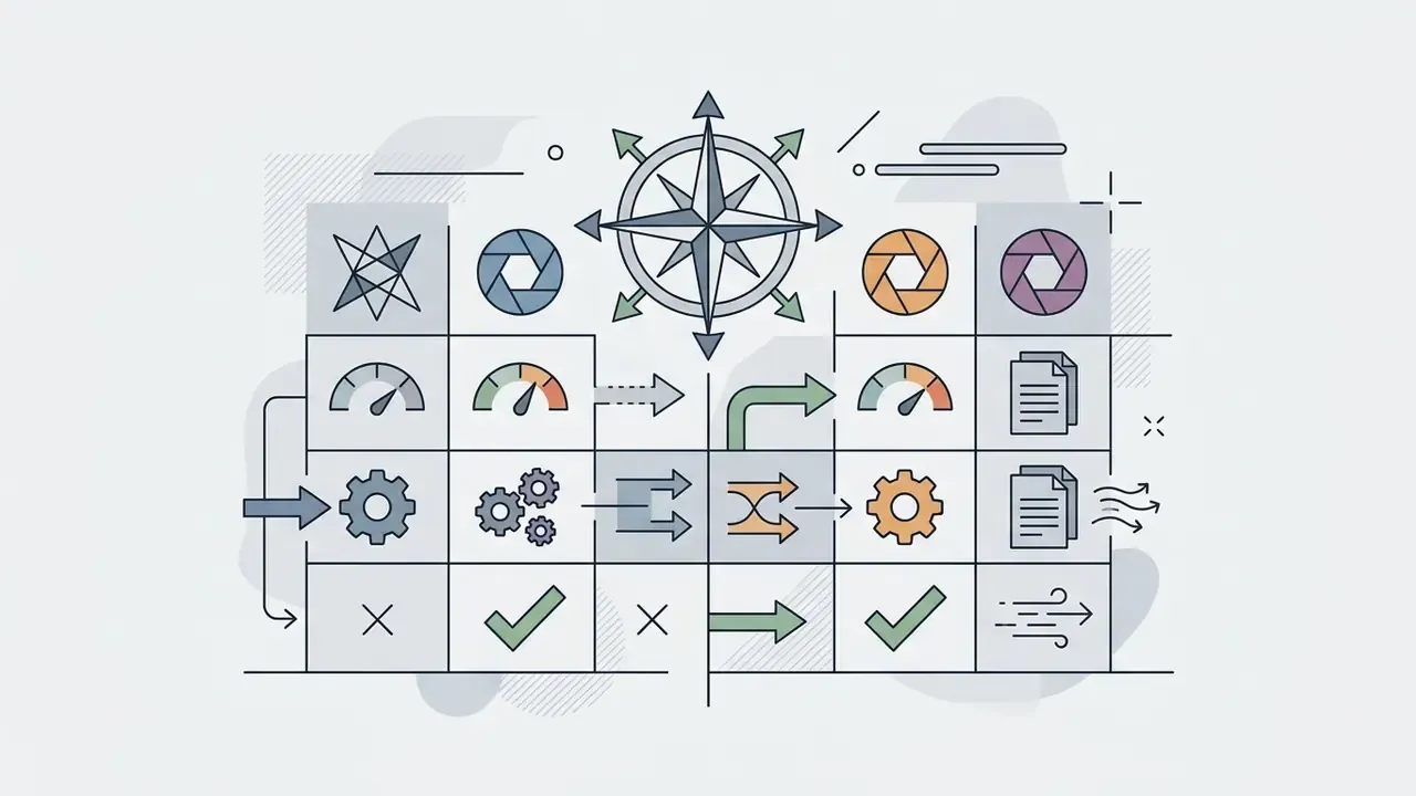 Grid of icons showing gears, gauges, and documents guided by a compass for a free AI image generator