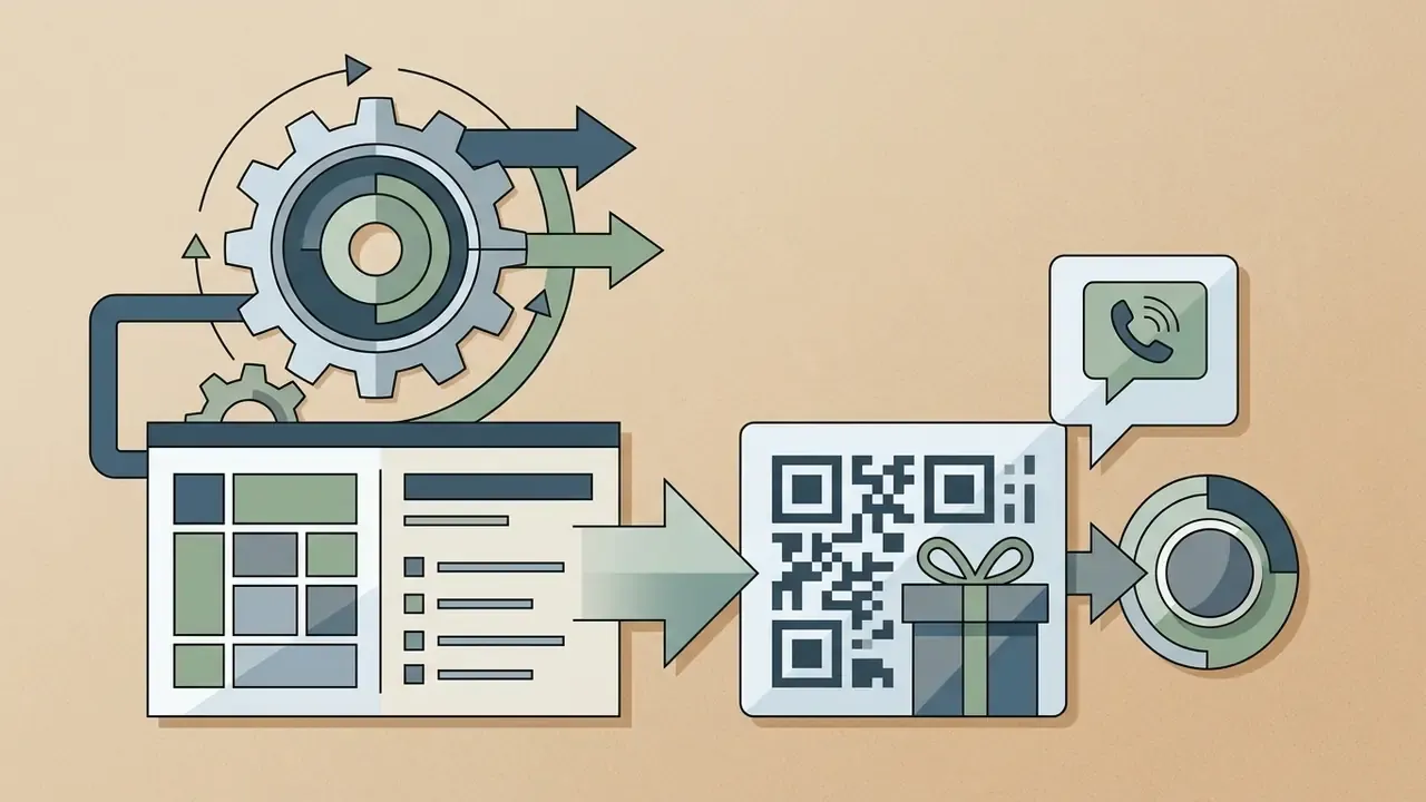 Gear mechanism processing layout data into a QR code with gift icon and communication symbols