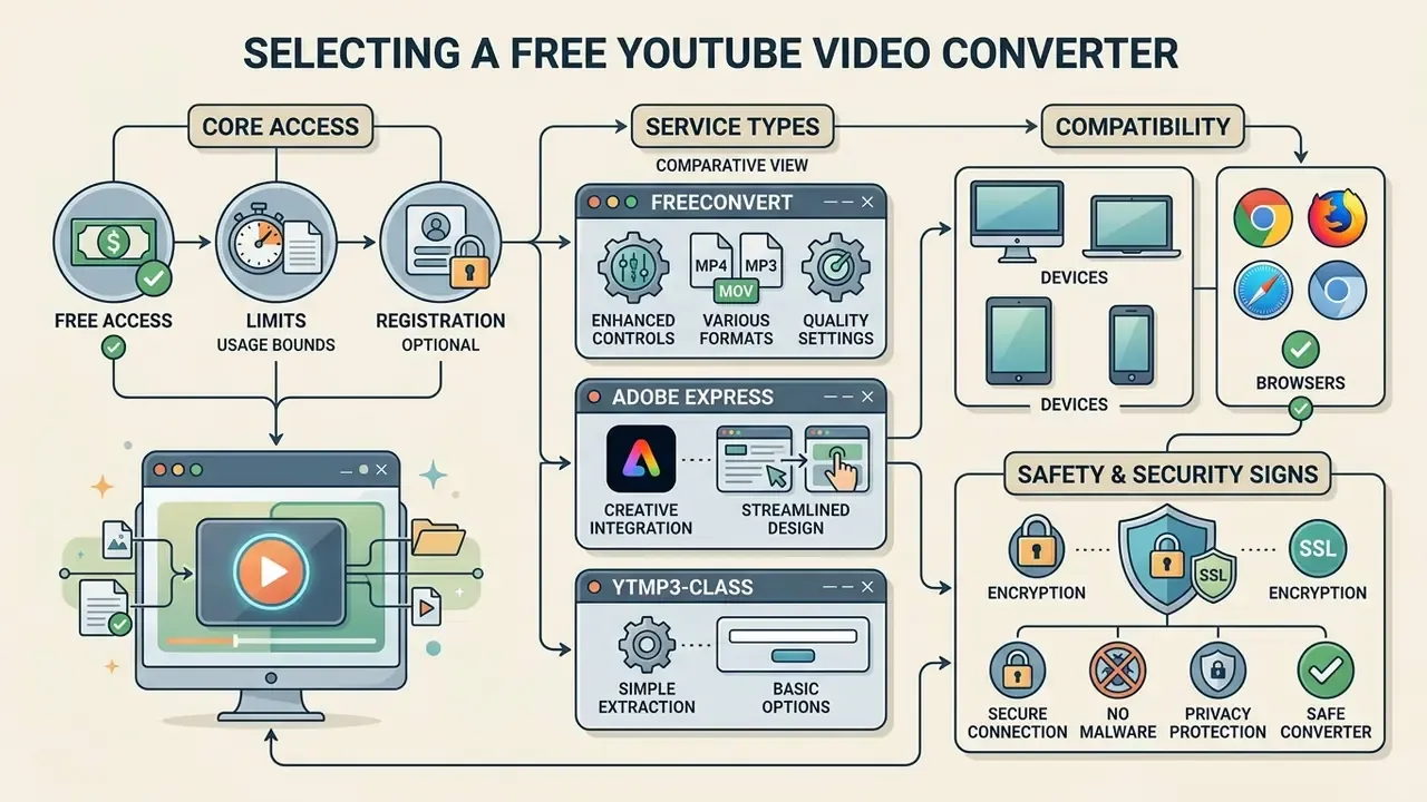 Flowchart outlining criteria for evaluating online video converter tools including access, compatibility, and safety