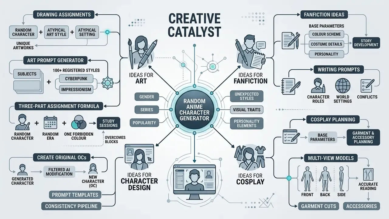 Mind map showing how a random anime character generator branches into art, fanfiction, and design ideas