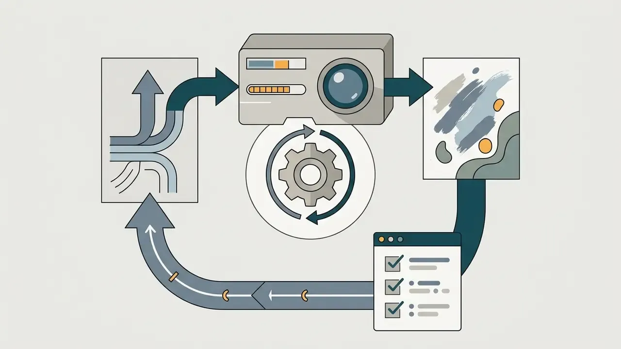 Circular process showing input streams feeding a camera, producing output, and returning for review