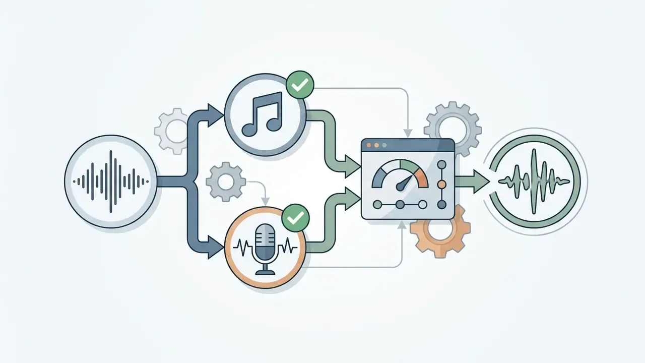 Audio waveform and microphone icons feeding into a control panel to generate a final sound wave