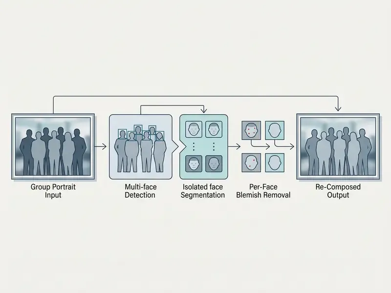 Workflow showing AI detecting faces in a group photo to perform individual blemish removal and recomposition